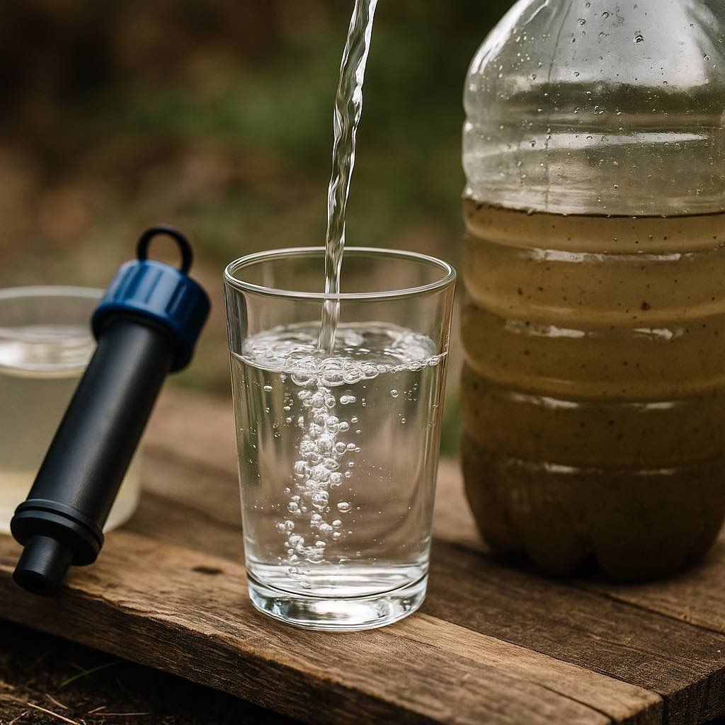 Verre d’eau claire filtrée posé à côté d’un filtre portable et d’une bouteille d’eau trouble, illustrant la purification eau survie et la potabilisation eau rivière
