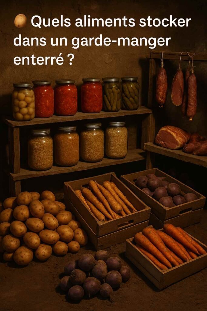 Garde-manger enterré avec bocaux stérilisés, légumes racines, céréales et charcuterie séchée pour conservation longue durée sous sol