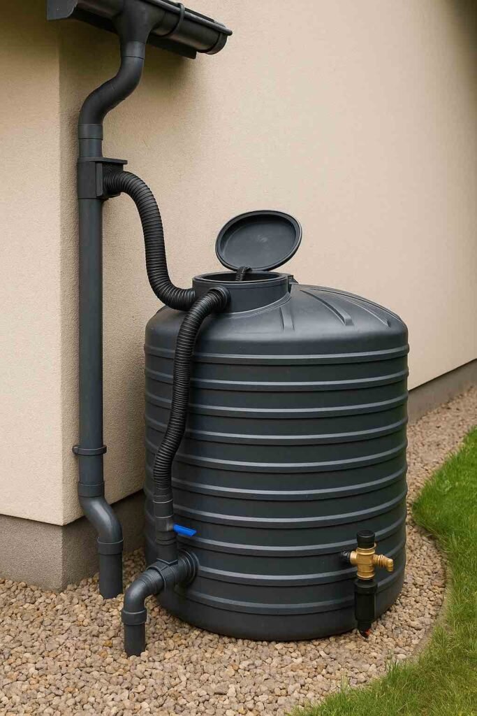 Système de récupération d’eau de pluie avec gouttière et réservoir en plastique alimentaire pour stockage eau autonome en situation de survie