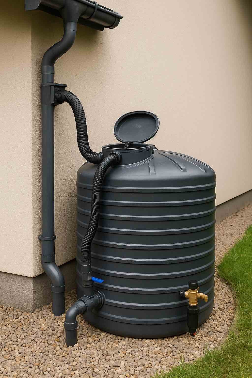 Système de récupération d’eau de pluie avec gouttière et réservoir en plastique alimentaire pour stockage eau autonome en situation de survie