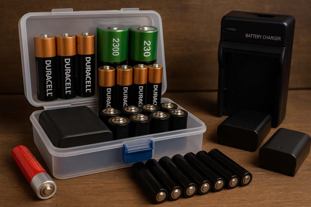 Boîte hermétique remplie de piles et batteries rechargeables bien organisées avec un chargeur, illustrant le stockage énergétique long terme en survie.