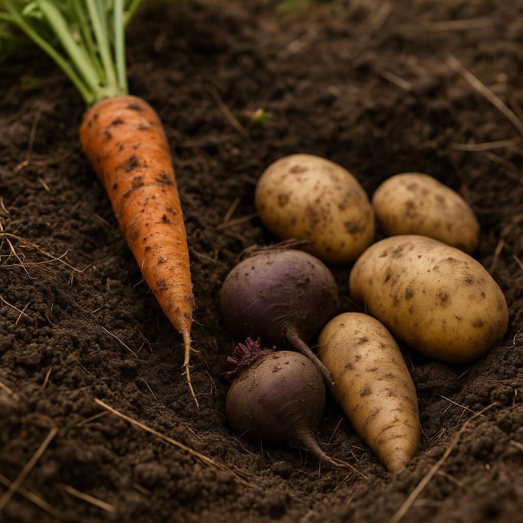 Carottes, pommes de terre et betteraves stockées dans la terre, illustrant une méthode ancestrale de conservation des légumes racines pour l’autonomie alimentaire.