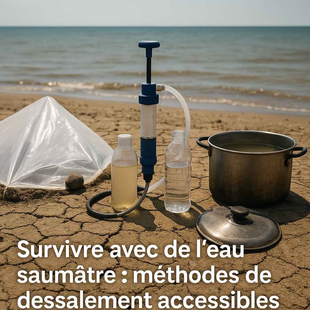 Photographie réaliste d’un système artisanal de dessalement de l’eau saumâtre utilisant des récipients et la chaleur du soleil.