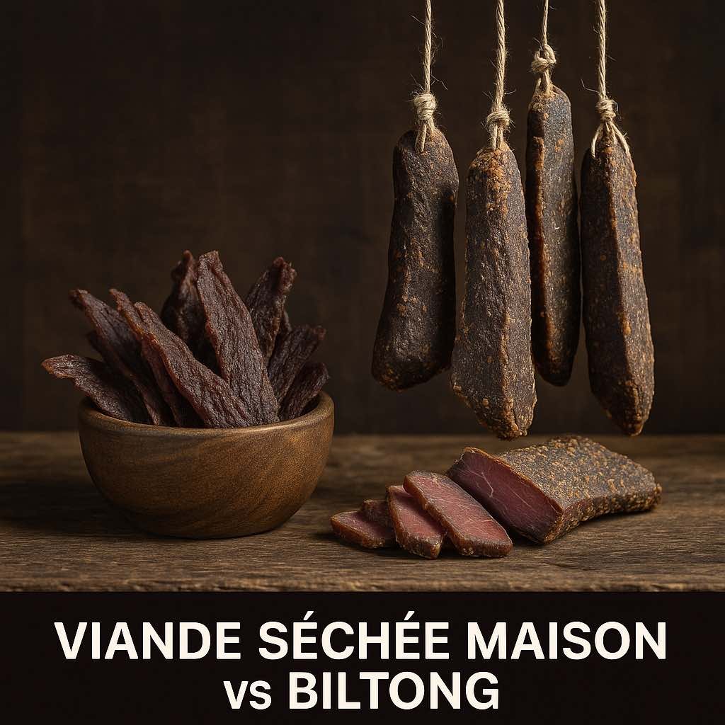 Comparaison entre viande séchée maison en lamelles et biltong suspendu épicé, deux méthodes de conservation de la viande pour la survie.