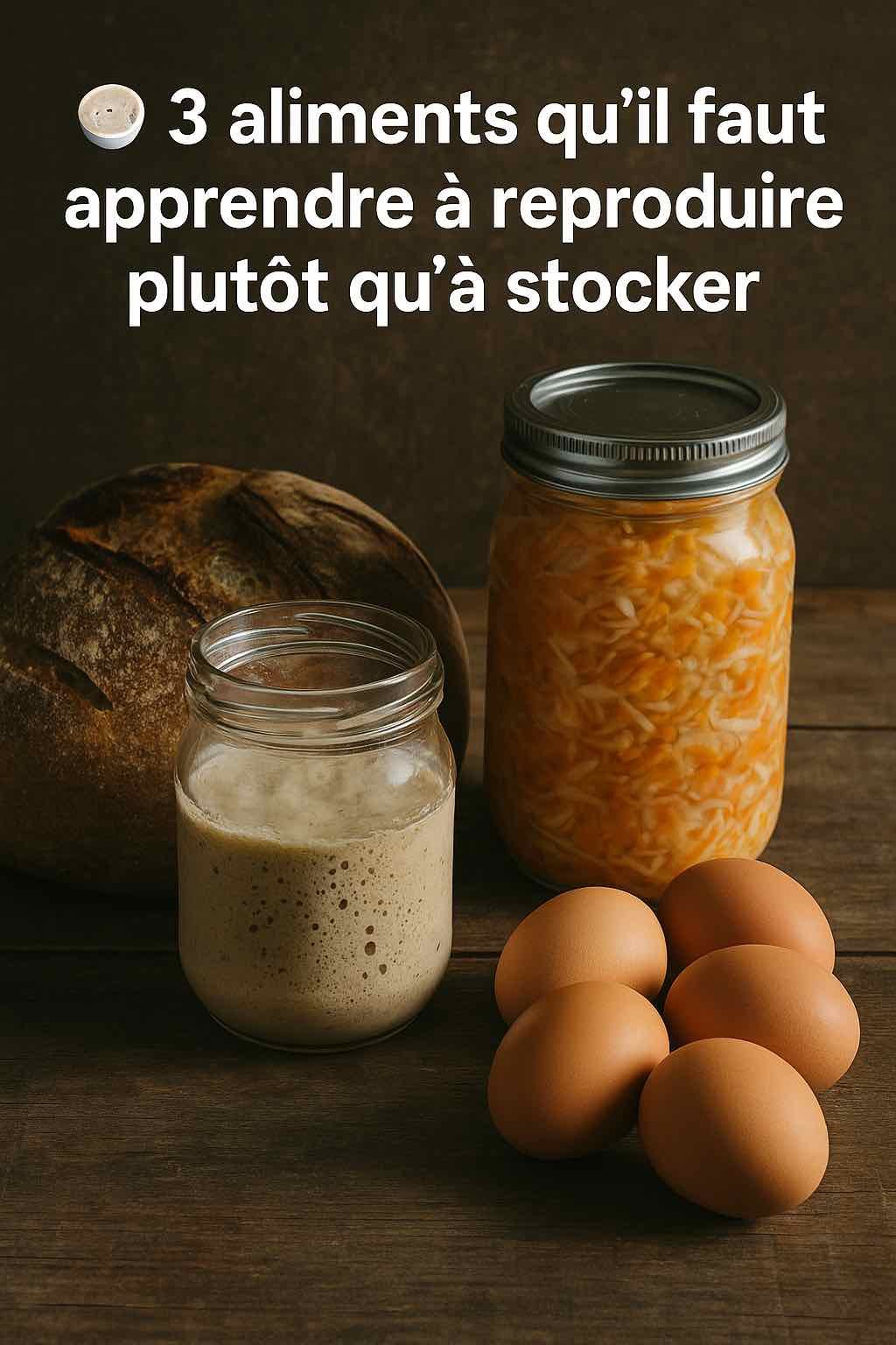 Bocal de levain, pot de légumes fermentés et œufs frais sur une table en bois – aliments à reproduire plutôt qu’à stocker pour l’autonomie alimentaire