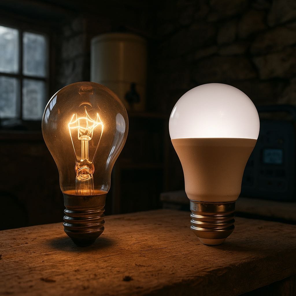 Photographie réaliste montrant une ampoule LED moderne et une ampoule à filament ancienne allumées côte à côte dans un abri autonome, illustrant la différence de lumière entre technologie moderne et éclairage traditionnel en situation de survie.