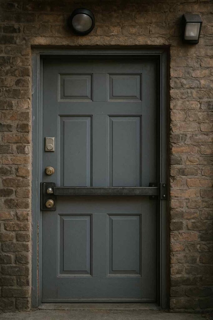 Entrée de maison discrète avec porte en bois renforcé et sas d’entrée lumineux, illustrant une sécurité sobre et efficace en milieu urbain.