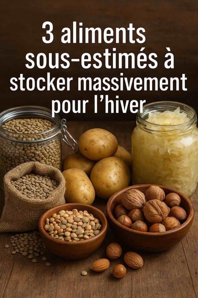 Garde-manger rustique éclairé naturellement, rempli de bocaux de lentilles, pois chiches, choucroute maison et paniers de noix et amandes, sur des étagères en bois dans une cuisine campagnarde française.