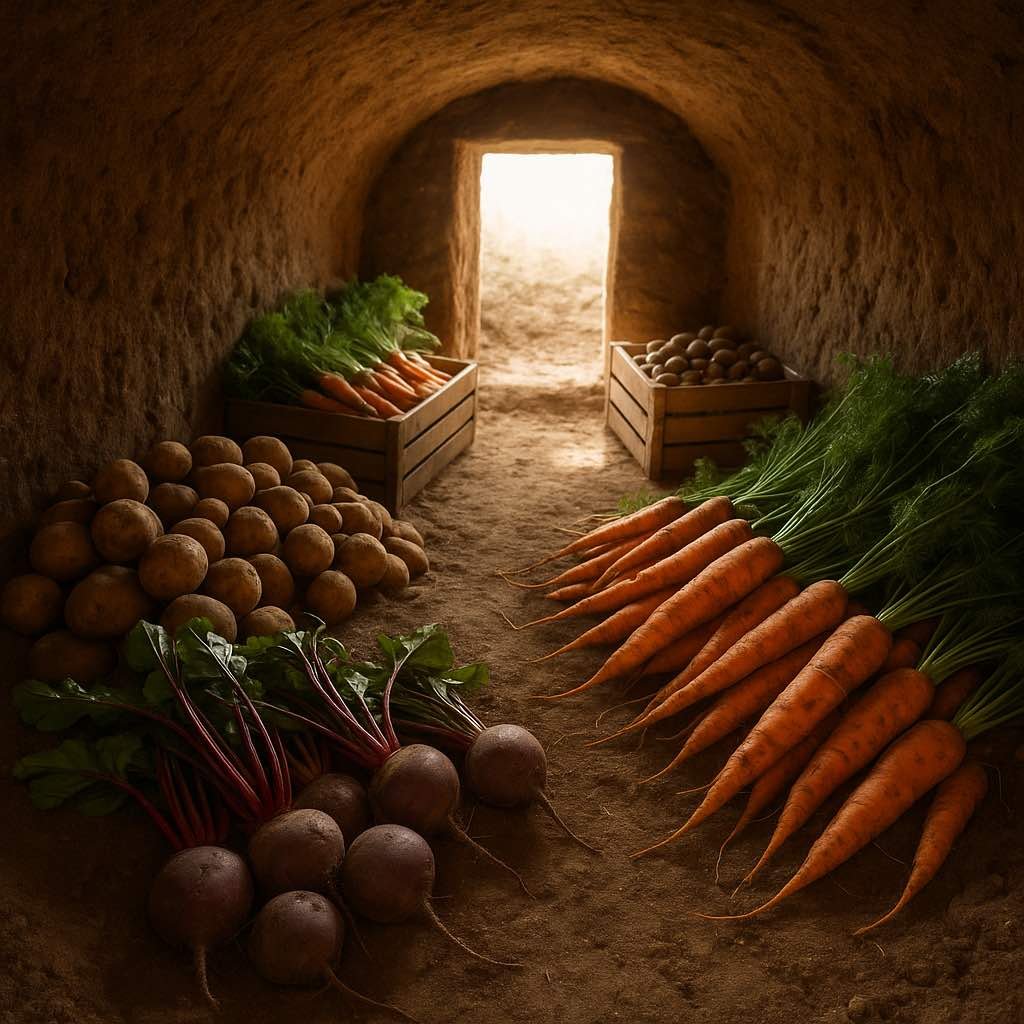 Garde-manger enterré rustique en France, rempli de pommes de terre, carottes, betteraves et panais stockés dans des caisses en bois et du sable humide, éclairé par une lumière naturelle douce.