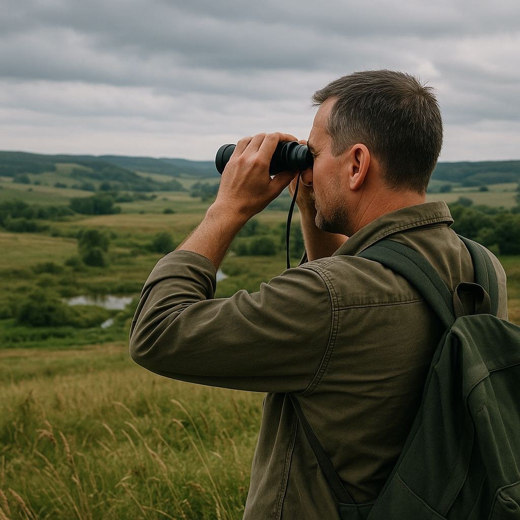 Homme observant un paysage rural pour détecter des signes naturels d’eau souterraine, méthode de repérage des nappes sans matériel scientifique