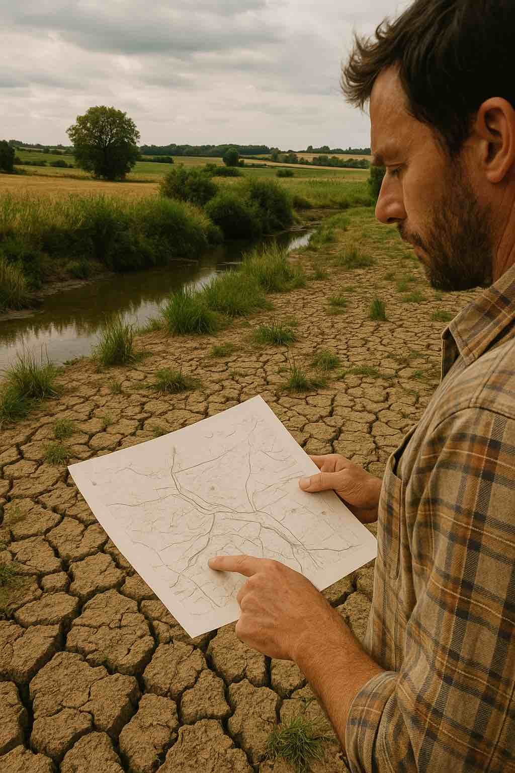 Homme observant un terrain vallonné en France avec une carte topographique et une boussole pour évaluer la présence d’eau, entouré de végétation verte typique des zones humides sous un ciel partiellement nuageux.
