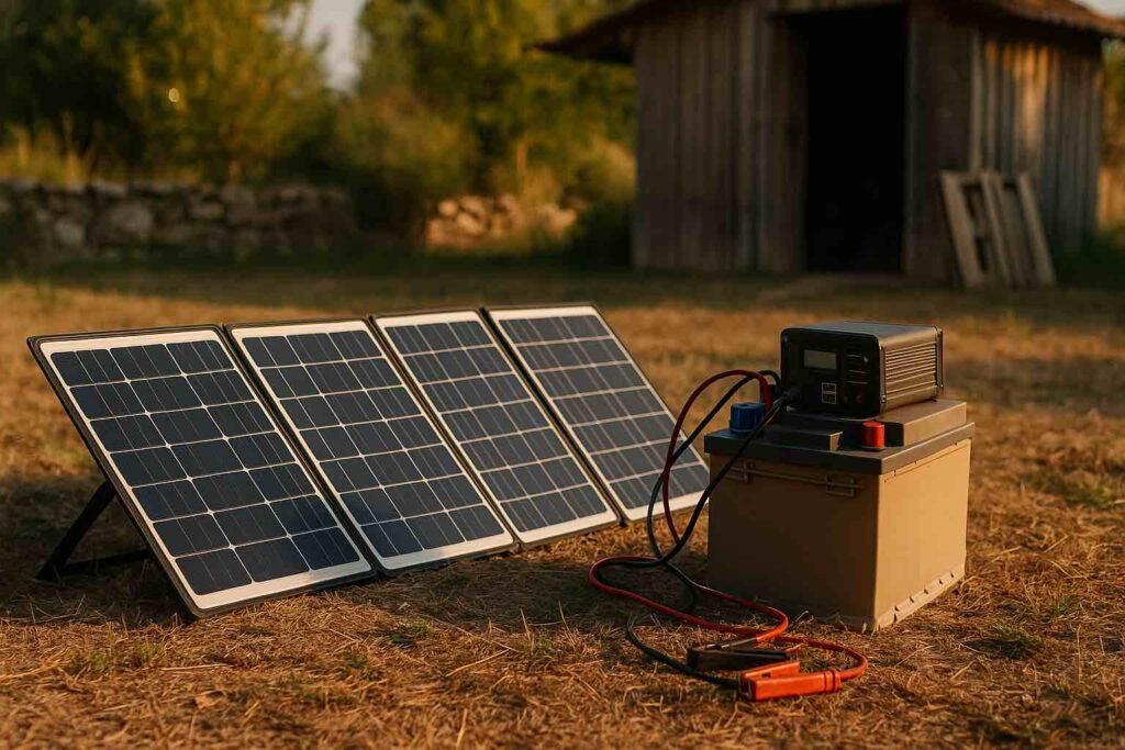 Petite installation solaire portable composée de plusieurs panneaux photovoltaïques et d’une batterie, installée sur un terrain sec devant une cabane en bois, sous une lumière chaude de fin d’après-midi en France.