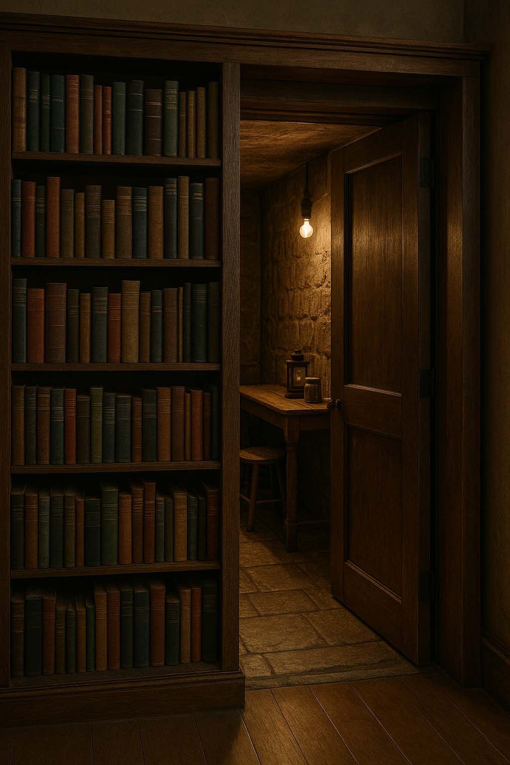 Bibliothèque en bois dissimulant une entrée secrète menant à une pièce cachée éclairée par une lampe à huile, avec provisions et murs en pierre, ambiance discrète et survivaliste.