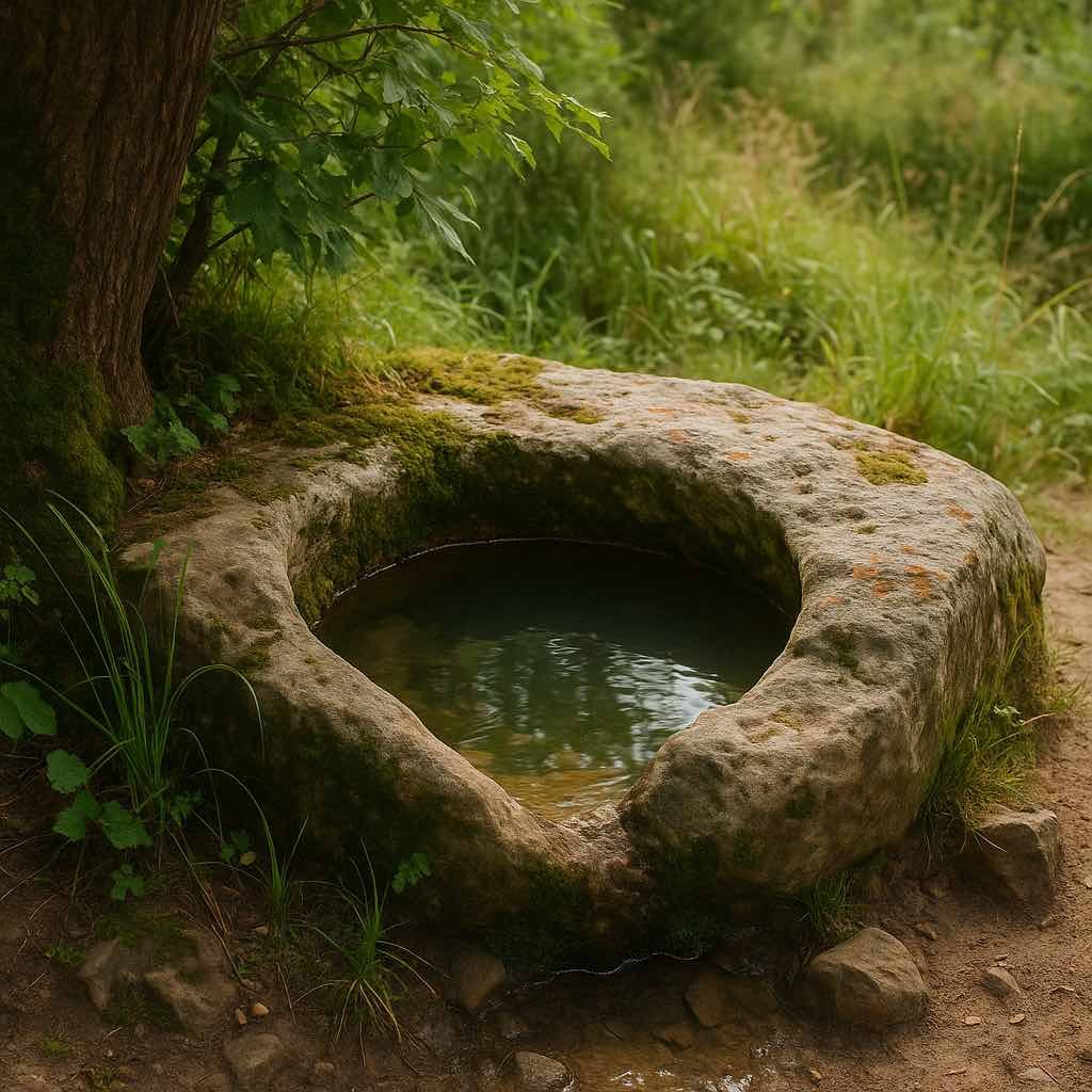 Petite cuvette naturelle remplie d’eau claire dans un sous-bois ombragé en France, entourée de végétation verte et de mousses, sous une lumière chaude de fin d’après-midi