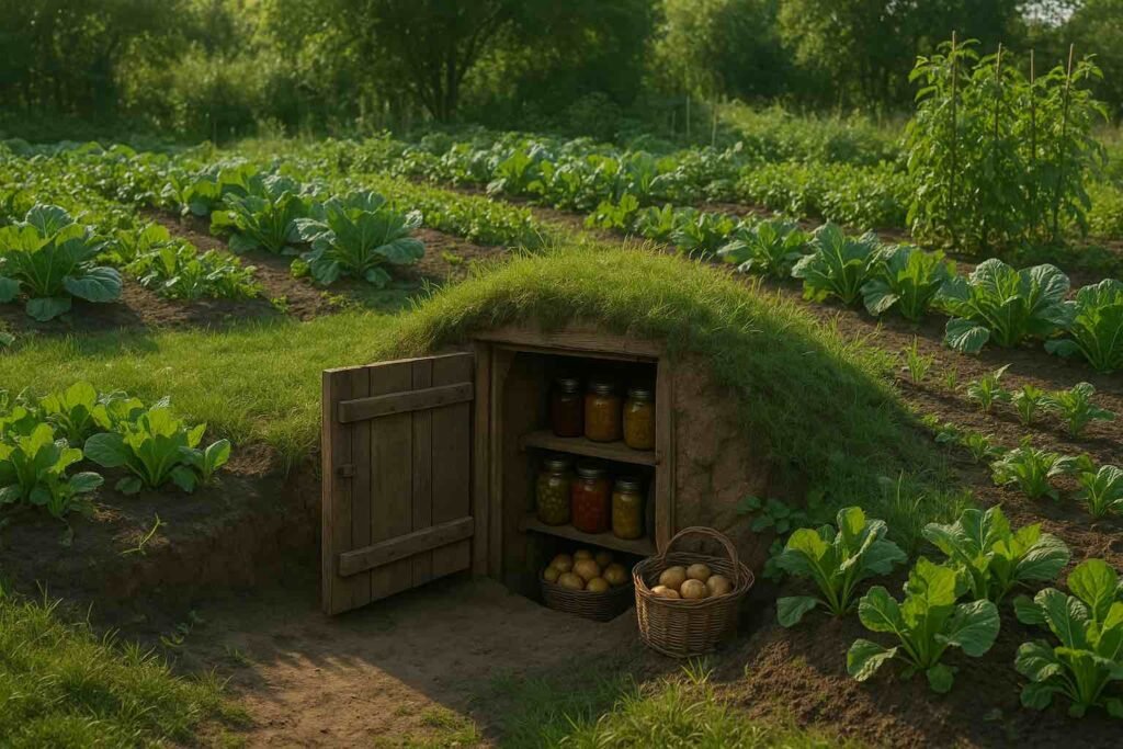 Photographie réaliste montrant un potager verdoyant relié à un garde-manger enterré rempli de bocaux et de légumes racines, illustrant la continuité entre production et stockage dans une chaîne alimentaire autonome et durable.