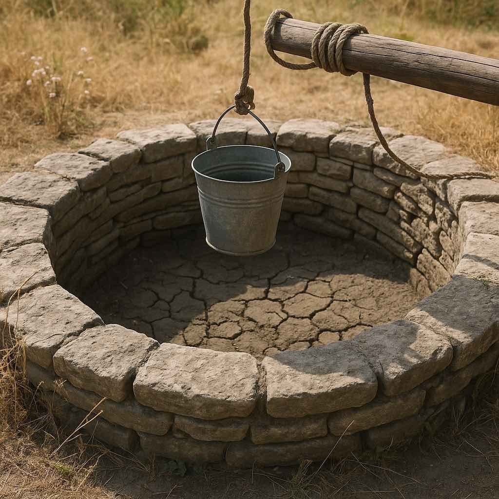 Puits traditionnel en pierre complètement asséché, avec un seau en métal suspendu au-dessus d’un sol fissuré et des herbes jaunies autour, sous une lumière chaude d’été.