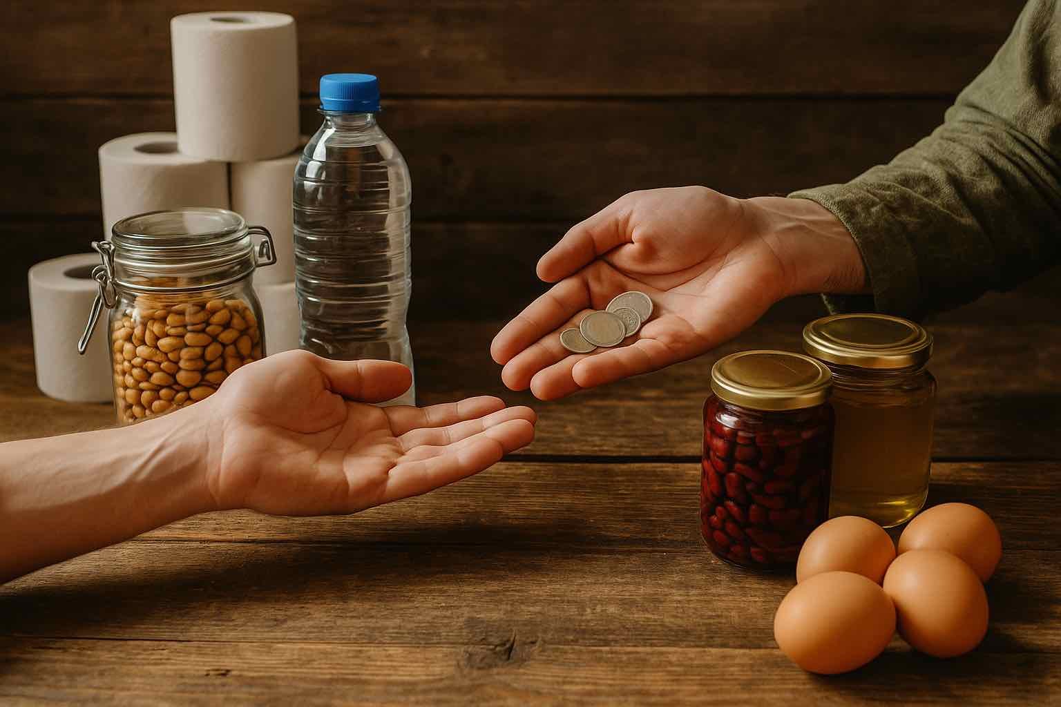 Étagère rustique avec bocaux, outils et bougies symbolisant un stockage réfléchi et minimaliste orienté vers le troc et la résilience domestique.