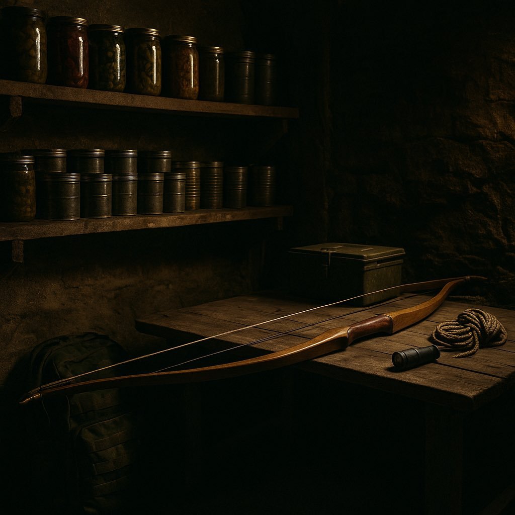 Intérieur d’un abri de survie discret avec un arc, des conserves et du matériel silencieux, solution de défense non repérable en situation de crise