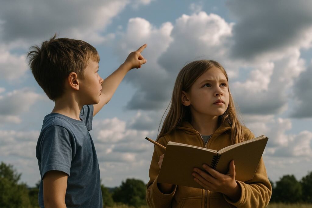 Deux enfants regardant le ciel et observant les nuages, l’un pointe vers le ciel tandis que l’autre prend des notes dans un carnet pour apprendre à lire la météo