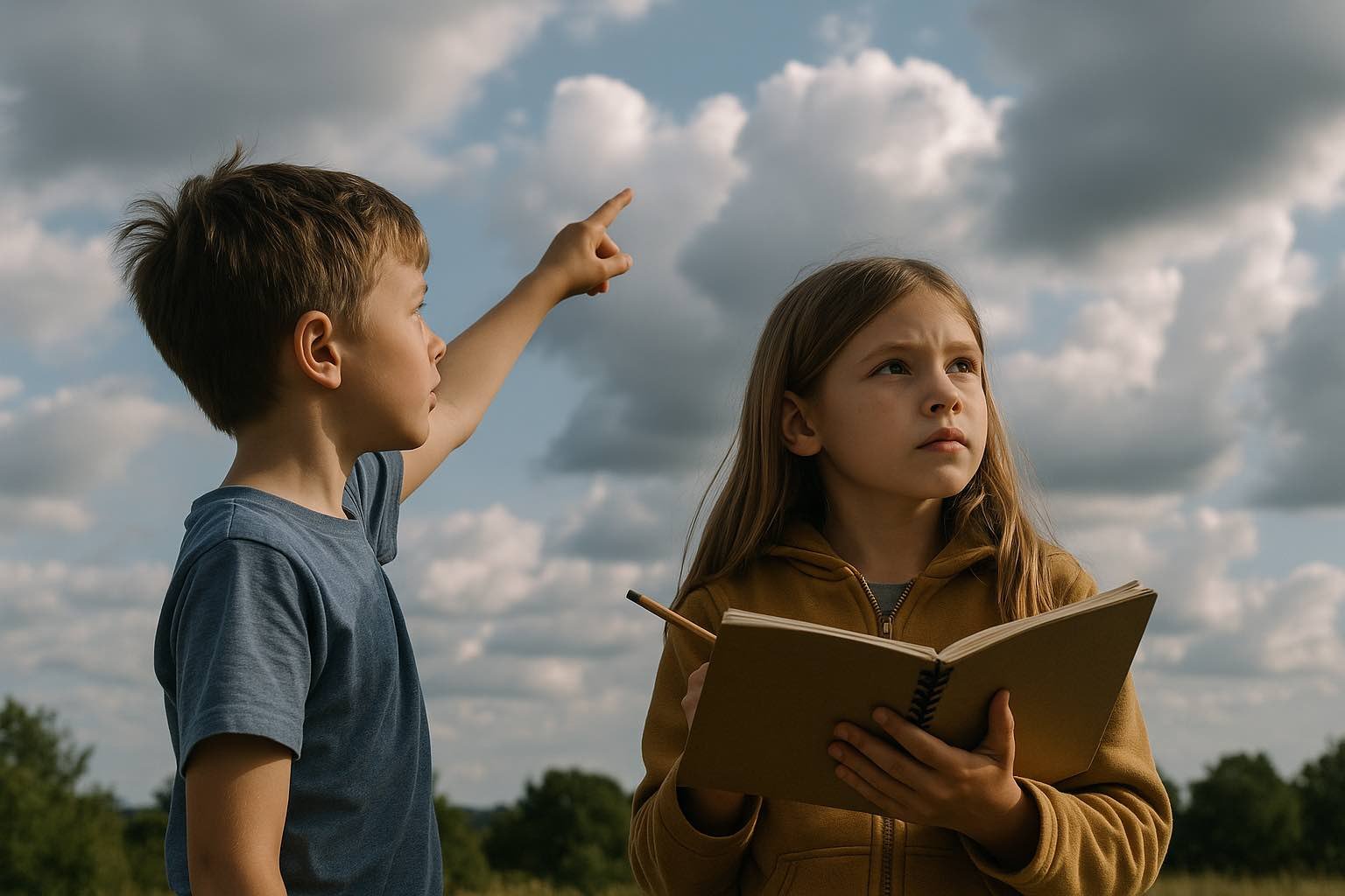 Deux enfants regardant le ciel et observant les nuages, l’un pointe vers le ciel tandis que l’autre prend des notes dans un carnet pour apprendre à lire la météo